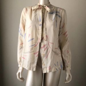 Vintage 80s  Pastel Abstract Pussy Bow Blouse  - M